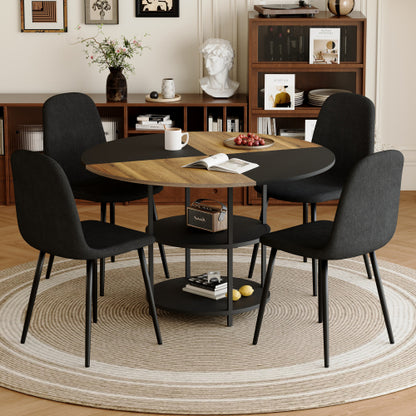 COMEDOR #12-Table and chair set.A 47.3-inch diameter modern splicing circular dining table - double-layer storage.Paired With 4 Black Linen-Cotton Material High Resilience Dining Chair with Metal Black Leg.