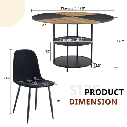 COMEDOR #12-Table and chair set.A 47.3-inch diameter modern splicing circular dining table - double-layer storage.Paired With 4 Black Linen-Cotton Material High Resilience Dining Chair with Metal Black Leg.