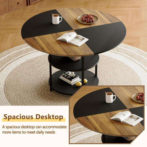 COMEDOR #12-Table and chair set.A 47.3-inch diameter modern splicing circular dining table - double-layer storage.Paired With 4 Black Linen-Cotton Material High Resilience Dining Chair with Metal Black Leg.