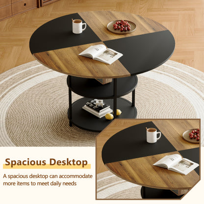 COMEDOR #12-Table and chair set.A 47.3-inch diameter modern splicing circular dining table - double-layer storage.Paired With 4 Black Linen-Cotton Material High Resilience Dining Chair with Metal Black Leg.