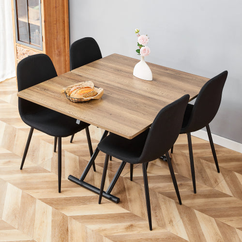 COMEDOR #21 Table and chair set.Modern Multifunctional Lifting Platform,Natural Wood Grain Sticker MDF Desktop, Black Metal Legs.Paired with 4 Black Linen-Cotton Material High Resilience Dining Chair.