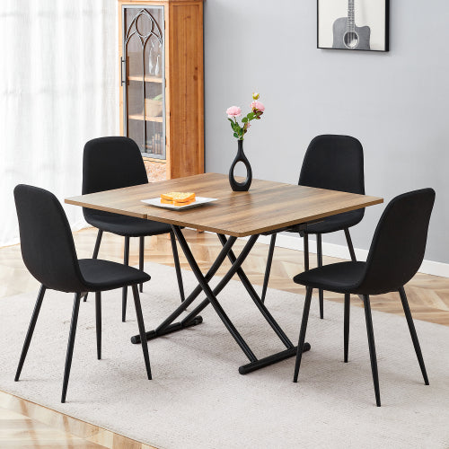 COMEDOR #21 Table and chair set.Modern Multifunctional Lifting Platform,Natural Wood Grain Sticker MDF Desktop, Black Metal Legs.Paired with 4 Black Linen-Cotton Material High Resilience Dining Chair.