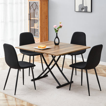 COMEDOR #21 Table and chair set.Modern Multifunctional Lifting Platform,Natural Wood Grain Sticker MDF Desktop, Black Metal Legs.Paired with 4 Black Linen-Cotton Material High Resilience Dining Chair.