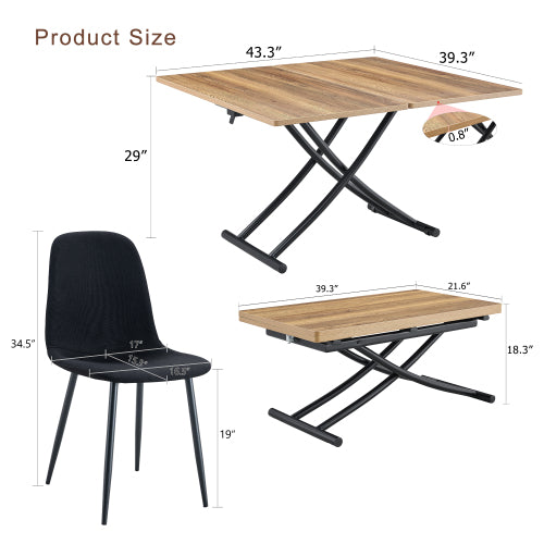 COMEDOR #21 Table and chair set.Modern Multifunctional Lifting Platform,Natural Wood Grain Sticker MDF Desktop, Black Metal Legs.Paired with 4 Black Linen-Cotton Material High Resilience Dining Chair.
