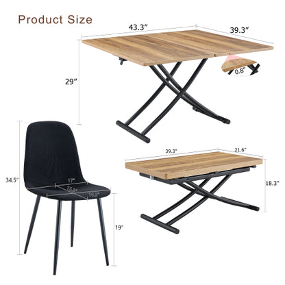 COMEDOR #21 Table and chair set.Modern Multifunctional Lifting Platform,Natural Wood Grain Sticker MDF Desktop, Black Metal Legs.Paired with 4 Black Linen-Cotton Material High Resilience Dining Chair.