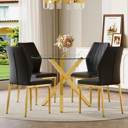 COMEDOR #22 Table and chair set.Modern glass round table: 39 inch diameter, X-shaped golden metal bracket. Paired with 4 Black Chairs, 37 inches High: Ergonomic PU Backrest .Suitable for restaurants, kitchens.