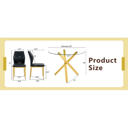 COMEDOR #22 Table and chair set.Modern glass round table: 39 inch diameter, X-shaped golden metal bracket. Paired with 4 Black Chairs, 37 inches High: Ergonomic PU Backrest .Suitable for restaurants, kitchens.