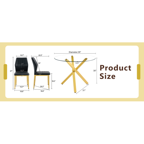 COMEDOR #22 Table and chair set.Modern glass round table: 39 inch diameter, X-shaped golden metal bracket. Paired with 4 Black Chairs, 37 inches High: Ergonomic PU Backrest .Suitable for restaurants, kitchens.