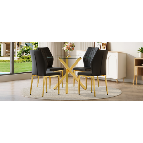 COMEDOR #22 Table and chair set.Modern glass round table: 39 inch diameter, X-shaped golden metal bracket. Paired with 4 Black Chairs, 37 inches High: Ergonomic PU Backrest .Suitable for restaurants, kitchens.