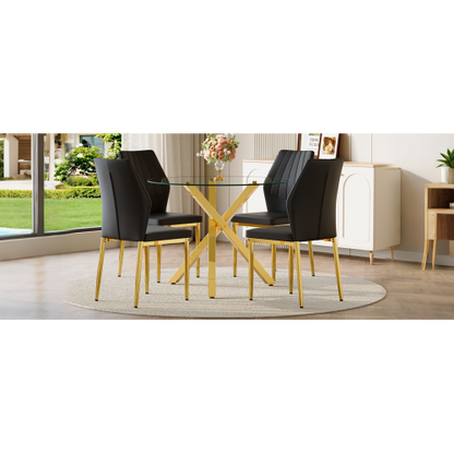 COMEDOR #22 Table and chair set.Modern glass round table: 39 inch diameter, X-shaped golden metal bracket. Paired with 4 Black Chairs, 37 inches High: Ergonomic PU Backrest .Suitable for restaurants, kitchens.
