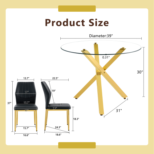 COMEDOR #22 Table and chair set.Modern glass round table: 39 inch diameter, X-shaped golden metal bracket. Paired with 4 Black Chairs, 37 inches High: Ergonomic PU Backrest .Suitable for restaurants, kitchens.