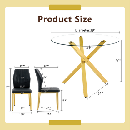 COMEDOR #22 Table and chair set.Modern glass round table: 39 inch diameter, X-shaped golden metal bracket. Paired with 4 Black Chairs, 37 inches High: Ergonomic PU Backrest .Suitable for restaurants, kitchens.