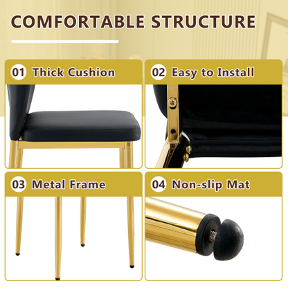 COMEDOR #22 Table and chair set.Modern glass round table: 39 inch diameter, X-shaped golden metal bracket. Paired with 4 Black Chairs, 37 inches High: Ergonomic PU Backrest .Suitable for restaurants, kitchens.