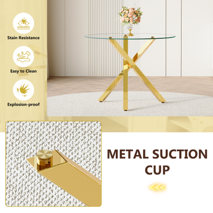 COMEDOR #22 Table and chair set.Modern glass round table: 39 inch diameter, X-shaped golden metal bracket. Paired with 4 Black Chairs, 37 inches High: Ergonomic PU Backrest .Suitable for restaurants, kitchens.