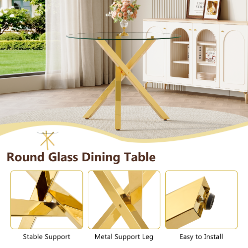 COMEDOR #22 Table and chair set.Modern glass round table: 39 inch diameter, X-shaped golden metal bracket. Paired with 4 Black Chairs, 37 inches High: Ergonomic PU Backrest .Suitable for restaurants, kitchens.
