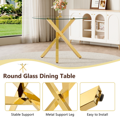 COMEDOR #22 Table and chair set.Modern glass round table: 39 inch diameter, X-shaped golden metal bracket. Paired with 4 Black Chairs, 37 inches High: Ergonomic PU Backrest .Suitable for restaurants, kitchens.