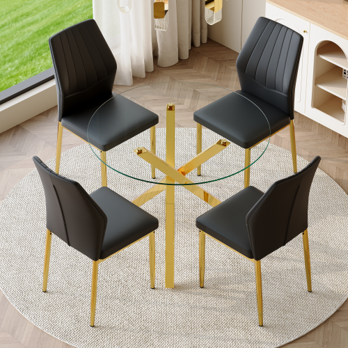 COMEDOR #22 Table and chair set.Modern glass round table: 39 inch diameter, X-shaped golden metal bracket. Paired with 4 Black Chairs, 37 inches High: Ergonomic PU Backrest .Suitable for restaurants, kitchens.