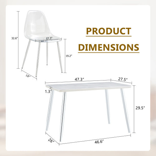 COMEDOR #7-Table and 4 chair set.White imitation marble texture glass countertop + lower MDF board, silver metal tapered legs.Paired with 4 Transparent Plastic Chairs with Silver Metal Legs.