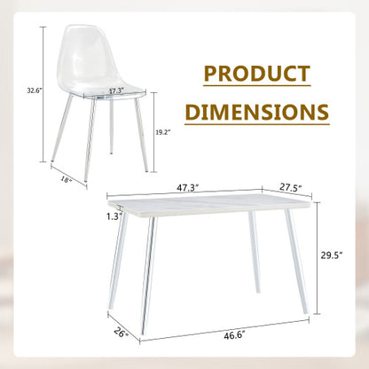 COMEDOR #7-Table and 4 chair set.White imitation marble texture glass countertop + lower MDF board, silver metal tapered legs.Paired with 4 Transparent Plastic Chairs with Silver Metal Legs.