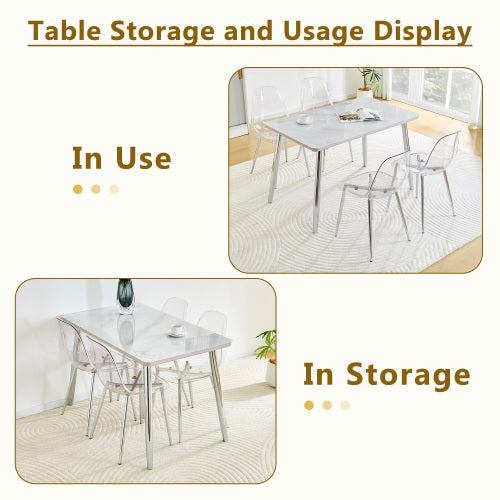 COMEDOR #7-Table and 4 chair set.White imitation marble texture glass countertop + lower MDF board, silver metal tapered legs.Paired with 4 Transparent Plastic Chairs with Silver Metal Legs.
