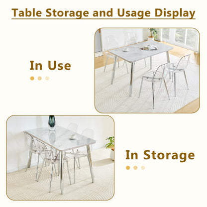 COMEDOR #7-Table and 4 chair set.White imitation marble texture glass countertop + lower MDF board, silver metal tapered legs.Paired with 4 Transparent Plastic Chairs with Silver Metal Legs.