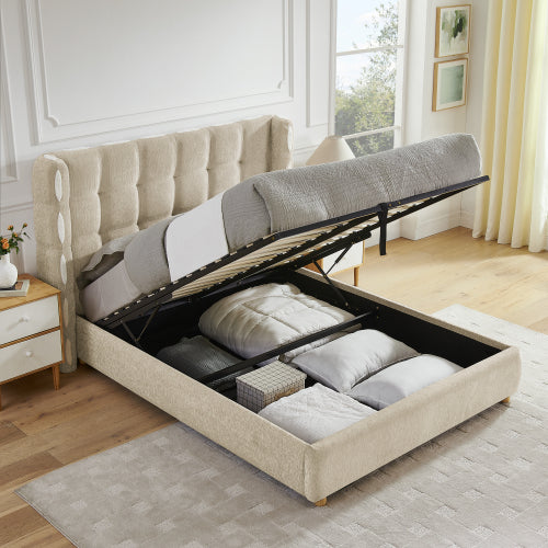 COMBO RECAMARA QUEEN: CAMA+COLCHON+MESITAS 007 - Queen Size removable Chenille Wingback Upholstered Waffle Bed, Deluxe Gas Lift Platform Bed with Large Under Bed Storage
