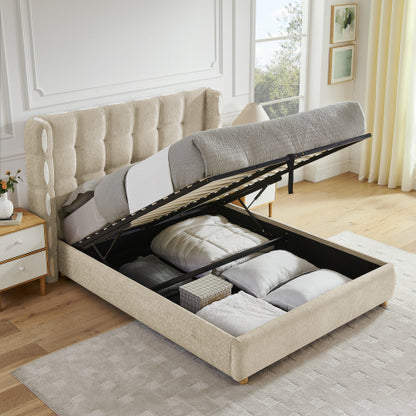 COMBO RECAMARA QUEEN: CAMA+COLCHON+MESITAS 007 - Queen Size removable Chenille Wingback Upholstered Waffle Bed, Deluxe Gas Lift Platform Bed with Large Under Bed Storage