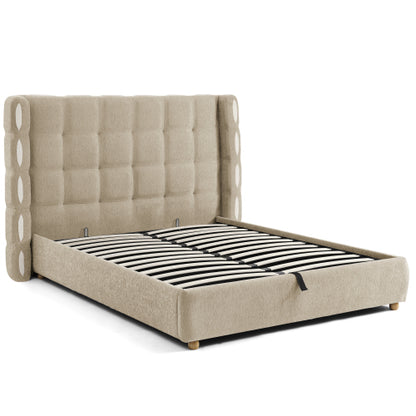 COMBO RECAMARA QUEEN: CAMA+COLCHON+MESITAS 007 - Queen Size removable Chenille Wingback Upholstered Waffle Bed, Deluxe Gas Lift Platform Bed with Large Under Bed Storage