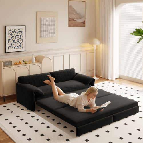 SALA NEGRAS #5 66" Queen Pull Out Sofa Bed, 3-in-1 Convertible Sleeper Sofa with Side Storage,Multi-Functional Velvet Loveseat Bed for Living Room, Black(Old Sku:W1885S00044/W1885S00222)