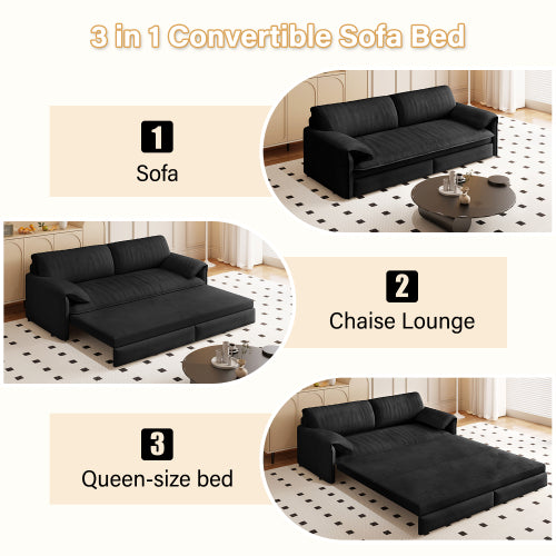 SALA NEGRAS #5 66" Queen Pull Out Sofa Bed, 3-in-1 Convertible Sleeper Sofa with Side Storage,Multi-Functional Velvet Loveseat Bed for Living Room, Black(Old Sku:W1885S00044/W1885S00222)