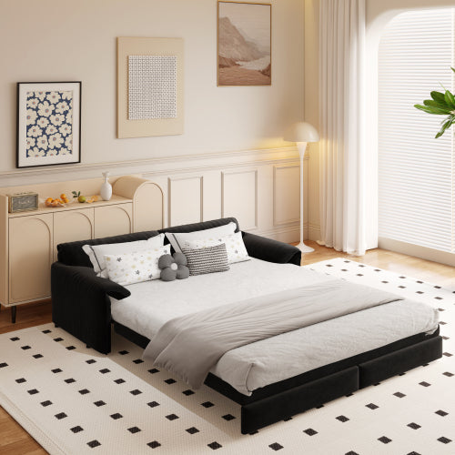 SALA NEGRAS #5 66" Queen Pull Out Sofa Bed, 3-in-1 Convertible Sleeper Sofa with Side Storage,Multi-Functional Velvet Loveseat Bed for Living Room, Black(Old Sku:W1885S00044/W1885S00222)