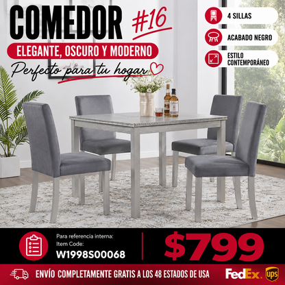 COMEDOR #16 SILVER GRAY5 Piece Wooden Dining Table Set, Kitchen Table Set with a Square Table and 4 Upholstered Chairs, Wooden Dining Room Table with Crystal Decoration and Chairs Set for Kitchen, Dining Room, Silver grey