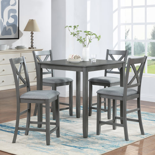 COMEDOR #15 5 Piece Dining Table Set, Wooden Dining Square Table Set for 4, Counter Height Kitchen Table Set with Square Table and 4 Upholstered Chairs for Small Space, Gray