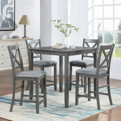 COMEDOR #15 5 Piece Dining Table Set, Wooden Dining Square Table Set for 4, Counter Height Kitchen Table Set with Square Table and 4 Upholstered Chairs for Small Space, Gray