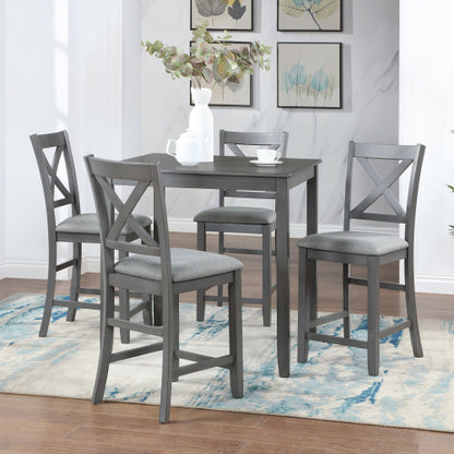 COMEDOR #15 5 Piece Dining Table Set, Wooden Dining Square Table Set for 4, Counter Height Kitchen Table Set with Square Table and 4 Upholstered Chairs for Small Space, Gray