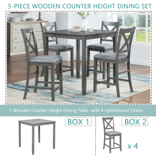 COMEDOR #15 5 Piece Dining Table Set, Wooden Dining Square Table Set for 4, Counter Height Kitchen Table Set with Square Table and 4 Upholstered Chairs for Small Space, Gray