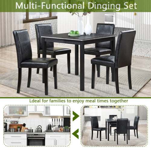COMEDOR #16-5 Piece Wooden Dining Table Set, Kitchen Table Set with a Square Table and 4 Upholstered Chairs, Wooden Dining Room Table with Crystal Decoration and Chairs Set for Kitchen, Dining Room, Black