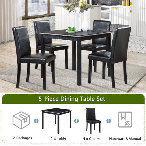 COMEDOR #16-5 Piece Wooden Dining Table Set, Kitchen Table Set with a Square Table and 4 Upholstered Chairs, Wooden Dining Room Table with Crystal Decoration and Chairs Set for Kitchen, Dining Room, Black