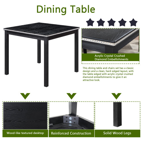 COMEDOR #16-5 Piece Wooden Dining Table Set, Kitchen Table Set with a Square Table and 4 Upholstered Chairs, Wooden Dining Room Table with Crystal Decoration and Chairs Set for Kitchen, Dining Room, Black