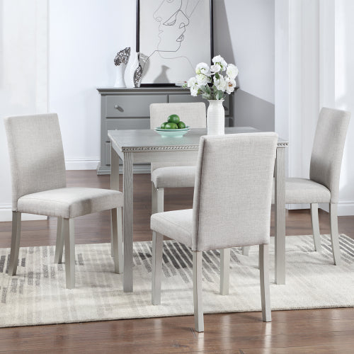 COMEDOR #16 SILVER-BEIGE-5 Piece Wooden Dining Table Set, Kitchen Table Set with a Square Table and 4 Upholstered Chairs, Wooden Dining Room Table with Crystal Decoration and Chairs Set for Kitchen, Dining Room, Silver grey