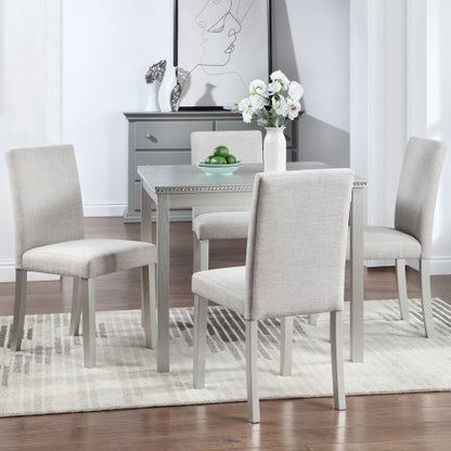 COMEDOR #16 SILVER-BEIGE-5 Piece Wooden Dining Table Set, Kitchen Table Set with a Square Table and 4 Upholstered Chairs, Wooden Dining Room Table with Crystal Decoration and Chairs Set for Kitchen, Dining Room, Silver grey