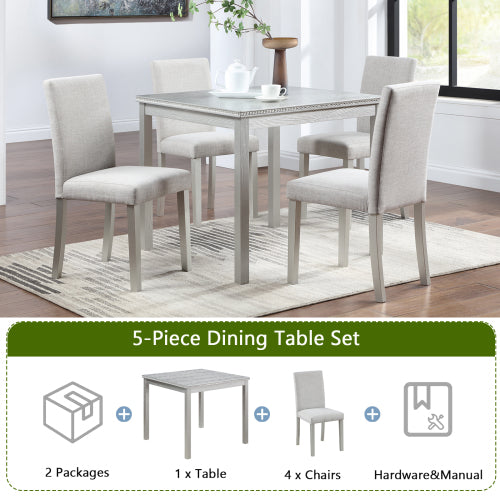 COMEDOR #16 SILVER-BEIGE-5 Piece Wooden Dining Table Set, Kitchen Table Set with a Square Table and 4 Upholstered Chairs, Wooden Dining Room Table with Crystal Decoration and Chairs Set for Kitchen, Dining Room, Silver grey