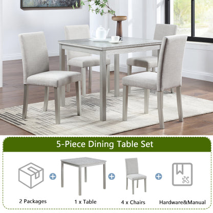 COMEDOR #16 SILVER-BEIGE-5 Piece Wooden Dining Table Set, Kitchen Table Set with a Square Table and 4 Upholstered Chairs, Wooden Dining Room Table with Crystal Decoration and Chairs Set for Kitchen, Dining Room, Silver grey