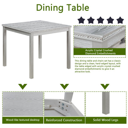 COMEDOR #16 SILVER-BEIGE-5 Piece Wooden Dining Table Set, Kitchen Table Set with a Square Table and 4 Upholstered Chairs, Wooden Dining Room Table with Crystal Decoration and Chairs Set for Kitchen, Dining Room, Silver grey