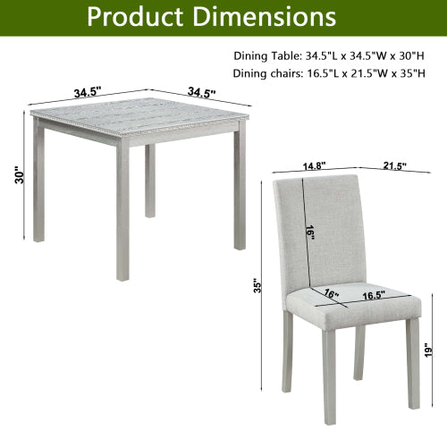 COMEDOR #16 SILVER-BEIGE-5 Piece Wooden Dining Table Set, Kitchen Table Set with a Square Table and 4 Upholstered Chairs, Wooden Dining Room Table with Crystal Decoration and Chairs Set for Kitchen, Dining Room, Silver grey