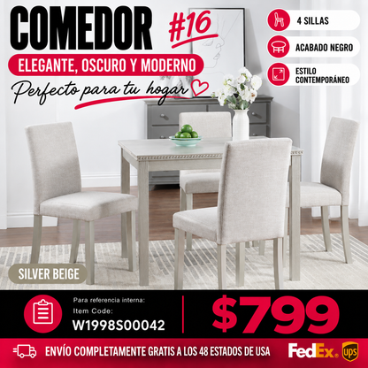COMEDOR #16 SILVER-BEIGE-5 Piece Wooden Dining Table Set, Kitchen Table Set with a Square Table and 4 Upholstered Chairs, Wooden Dining Room Table with Crystal Decoration and Chairs Set for Kitchen, Dining Room, Silver grey