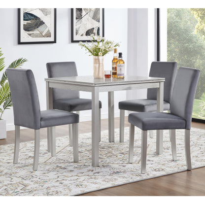 COMEDOR #16 SILVER GRAY5 Piece Wooden Dining Table Set, Kitchen Table Set with a Square Table and 4 Upholstered Chairs, Wooden Dining Room Table with Crystal Decoration and Chairs Set for Kitchen, Dining Room, Silver grey