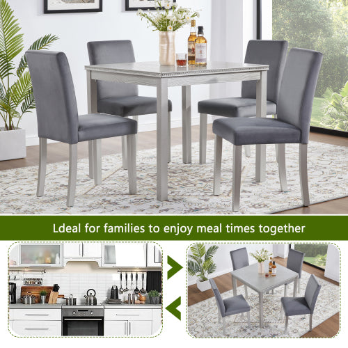COMEDOR #16 SILVER GRAY5 Piece Wooden Dining Table Set, Kitchen Table Set with a Square Table and 4 Upholstered Chairs, Wooden Dining Room Table with Crystal Decoration and Chairs Set for Kitchen, Dining Room, Silver grey