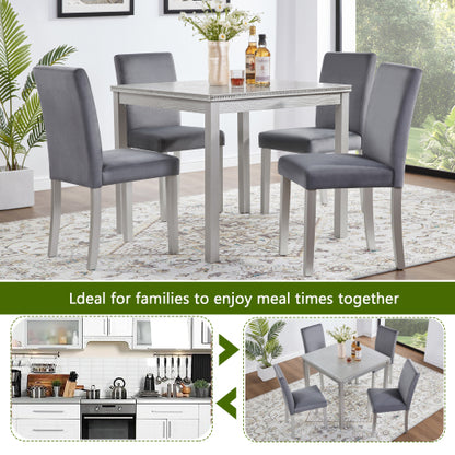 COMEDOR #16 SILVER GRAY5 Piece Wooden Dining Table Set, Kitchen Table Set with a Square Table and 4 Upholstered Chairs, Wooden Dining Room Table with Crystal Decoration and Chairs Set for Kitchen, Dining Room, Silver grey