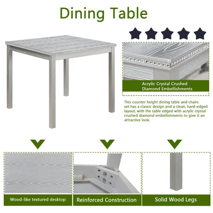 COMEDOR #16 SILVER GRAY5 Piece Wooden Dining Table Set, Kitchen Table Set with a Square Table and 4 Upholstered Chairs, Wooden Dining Room Table with Crystal Decoration and Chairs Set for Kitchen, Dining Room, Silver grey